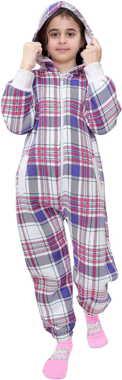A2Z 4 Kids Onesie One Piece Super Soft Kids Comfy Jumpsuit Fleece Hooded Onesie Loungewear Pyjamas Sleepsuit Purple Check