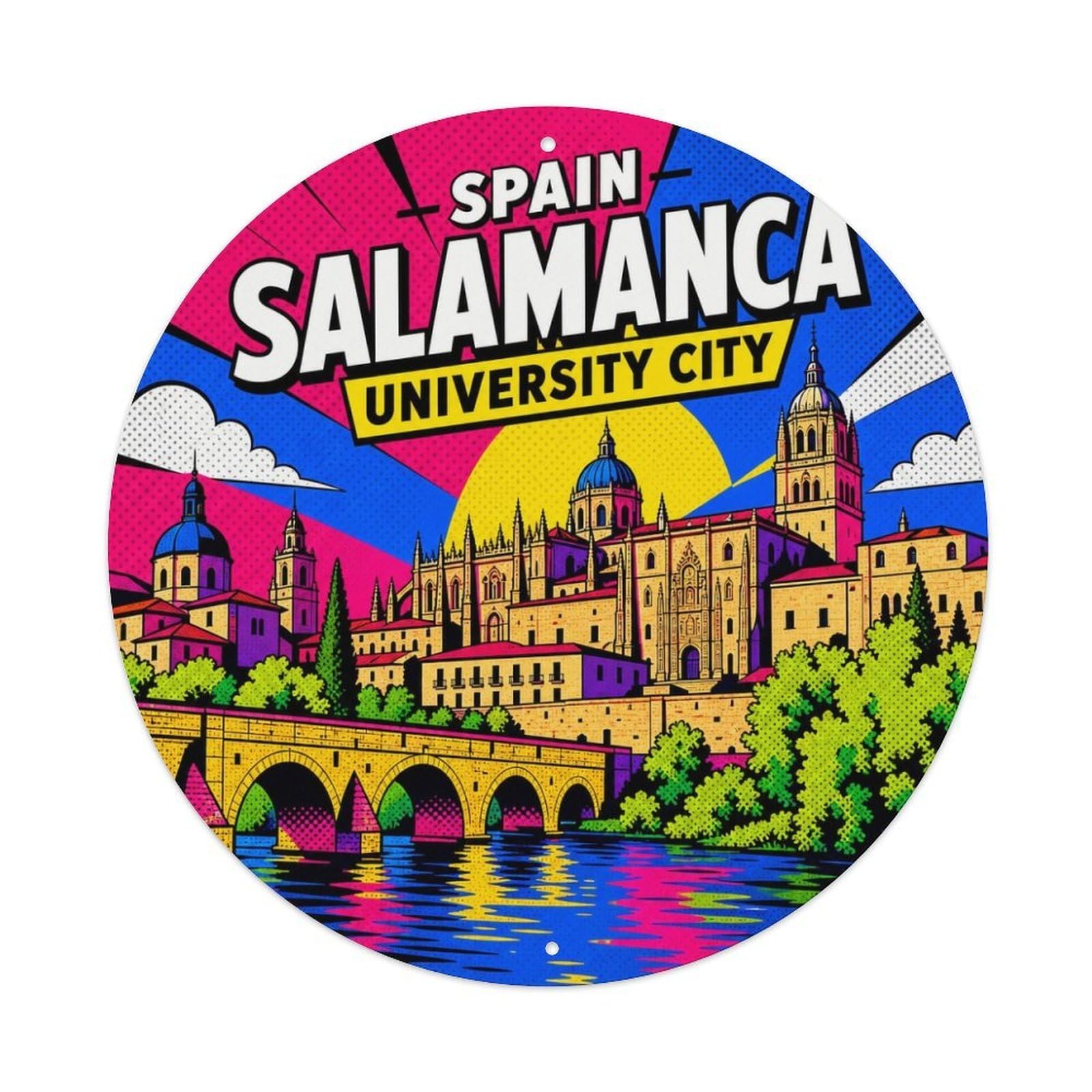 Salamanca Historic Spanish Graphic Pop Old Town Travel Metal Tin Sign Plaque Wall Decor for Cafe, Man Cave, Club Bar, Office, Home Garden Round Metal Poster 8x8Inch