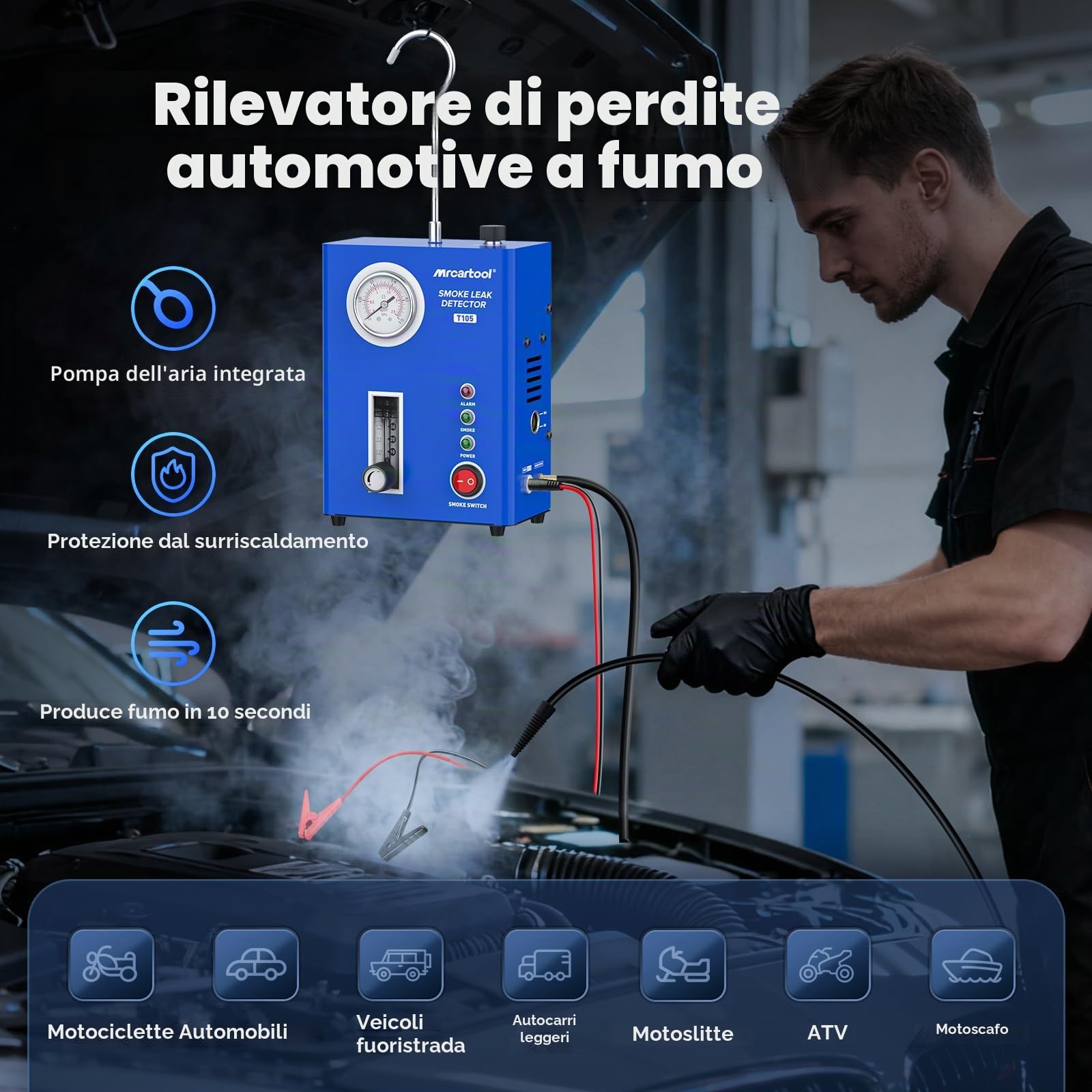 PLAYOCCAR Macchina a Fumo Dettaglio Filtri Auto, EVAP con Pompa Aria Integrata & Manometro, 12V per Tubazioni, Filtri Carburante & Vuoto, Tutti Veicoli.