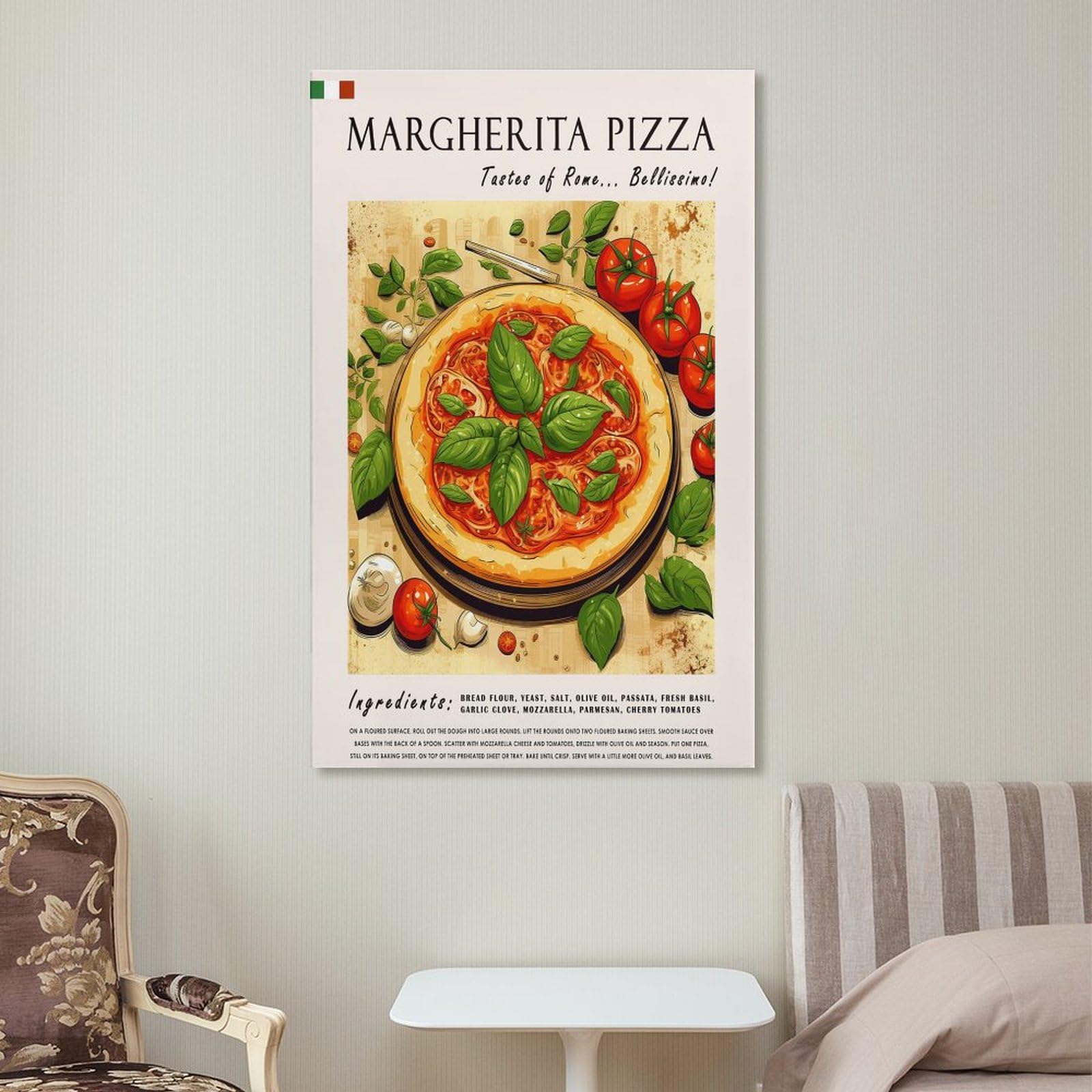 FUPMTKLT Italienisches Margherita-Pizza-Poster, Retro-Restaurant-Poster, italienische Küche, Esszimmer, Poster, 1 Leinwand-Poster, Schlafzimmerdekoration, Landschaft, Büro, Raumdekoration, Geschenk,