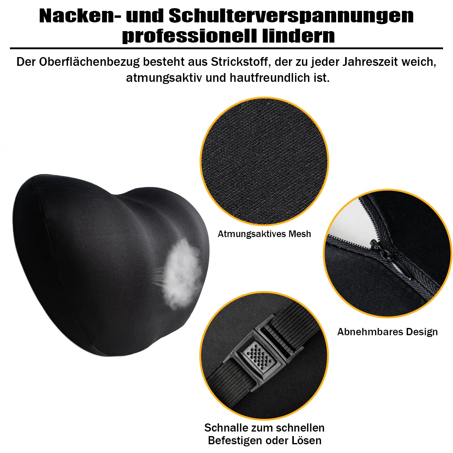 2-Pack Auto Nackenkissen, Weichheit Kopfstütze Auto, Kissen zum Fahren, Atmungsaktiver Abnehmbarer Abdeckung mit Verstellbarem Riemen, Schwarz