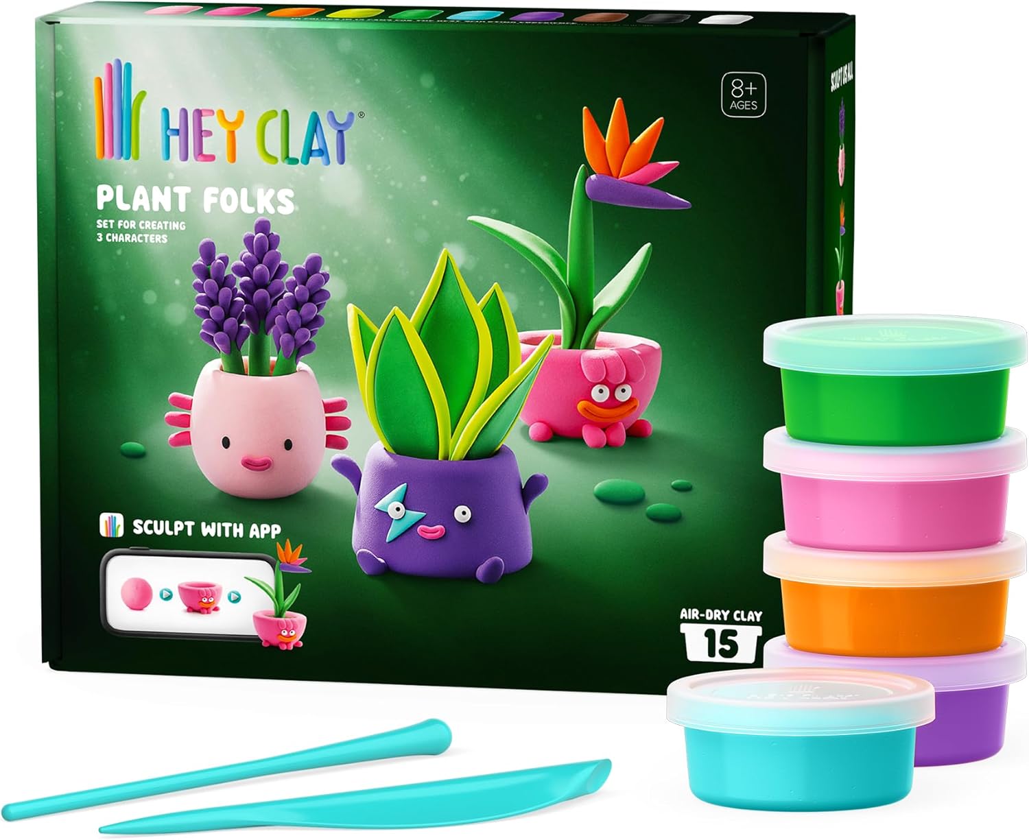 HEY CLAY 15 Cans Set - Colourful Modeling Clay for Kids Air-Dry Clay for Crafts with Sculpting Tools and Fun Interactive Instructions for Children Age 8-11 (Plant Folks)