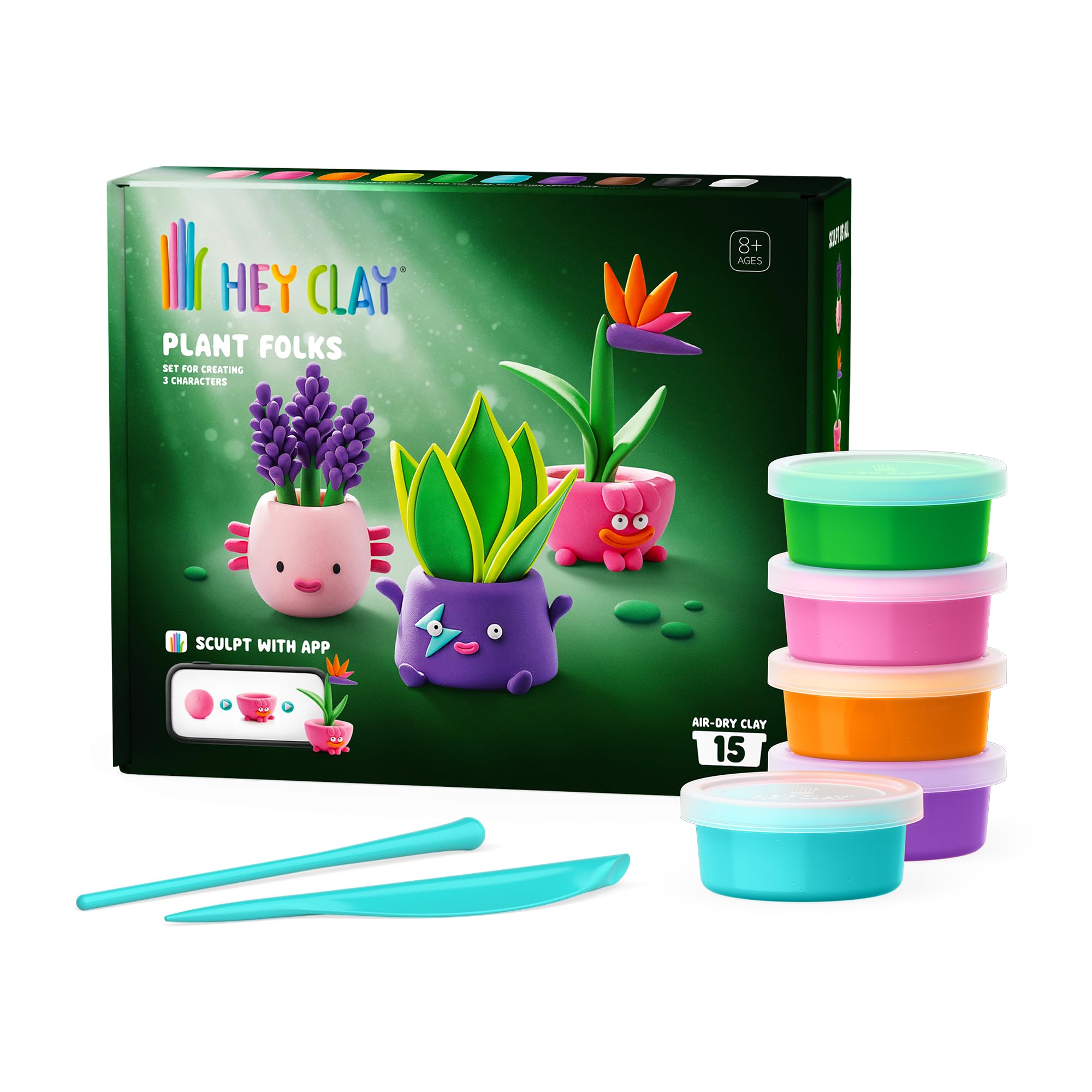 Hey Clay - Plant Folks Playdough Kit for Kids | Air Dried Clay with Fun Plants | Crafts Kids | Gift Girl 8 Years | Children's Games