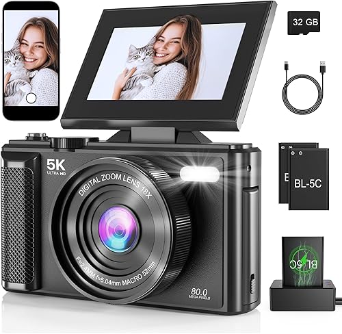 Cámara digital 5K para vlogging de 80 MP para YouTube, enfoque automático WiFi y antivibración, con pantalla abatible de 180 ° de 3 pulgadas, zoom