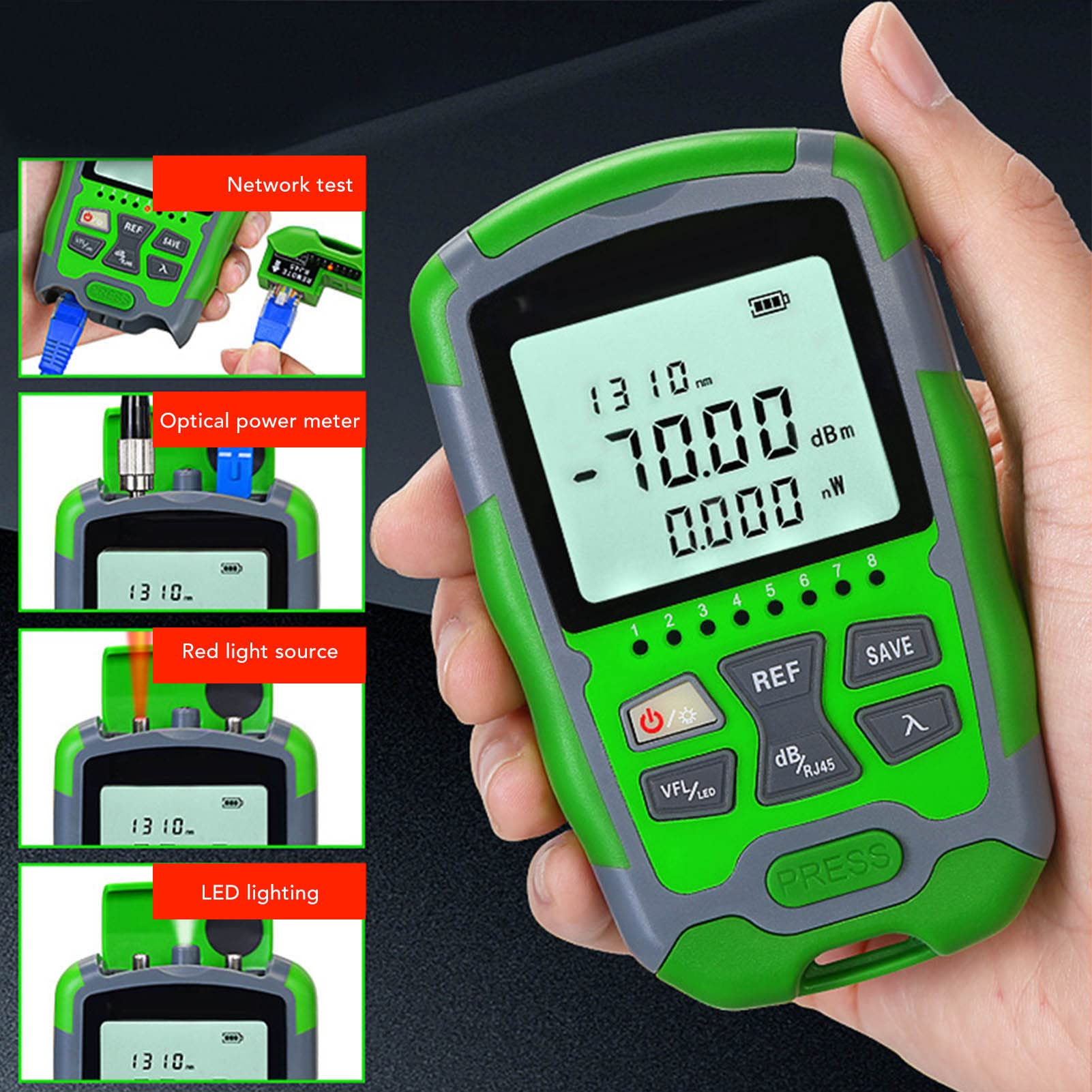 Medidor de Potencia de Fibra Óptica, 70 a +10 Dbm Probador de Cable de Fibra Óptica con Pantalla Digital Recargable con Función de Calibración de Cálculo de Potencia (50 megavatios)
