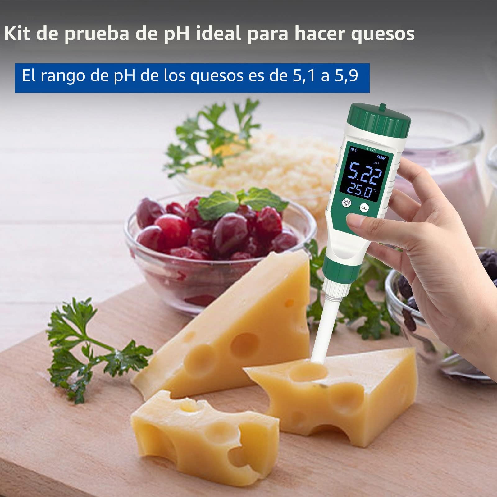 Medidor de pH para alimentos, digital Bluetooth Phmetro con retroiluminación LCD y ATC, resistente al agua alimentos pH medidor para carne, pan, quesos, suelos blandos y agua