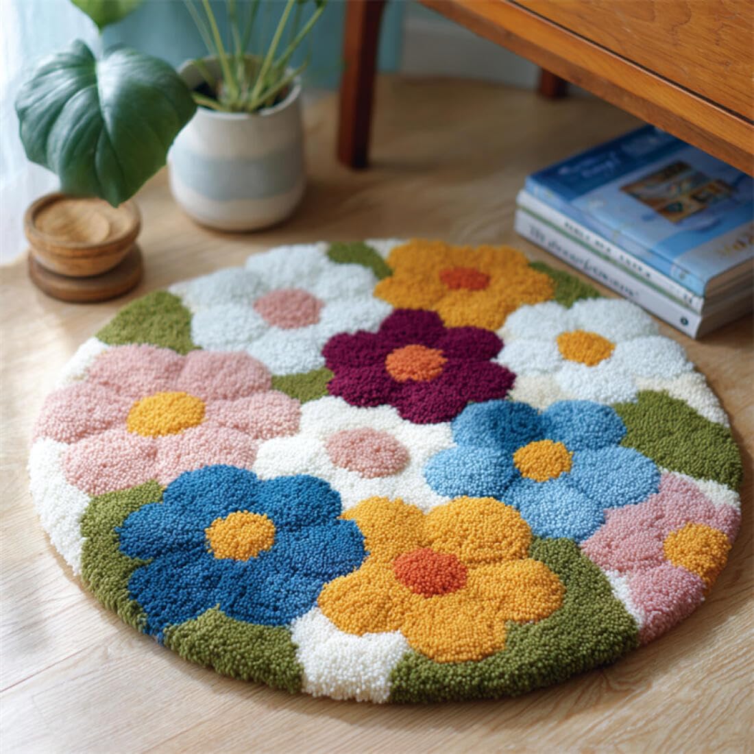 Rqwybcaxn DIY Rug Latch Hook Kits for Adults Needlework Kit Cartoon Flowers 50x50cm Round Tapestry with Crochet Hook Living Room Craft Gift