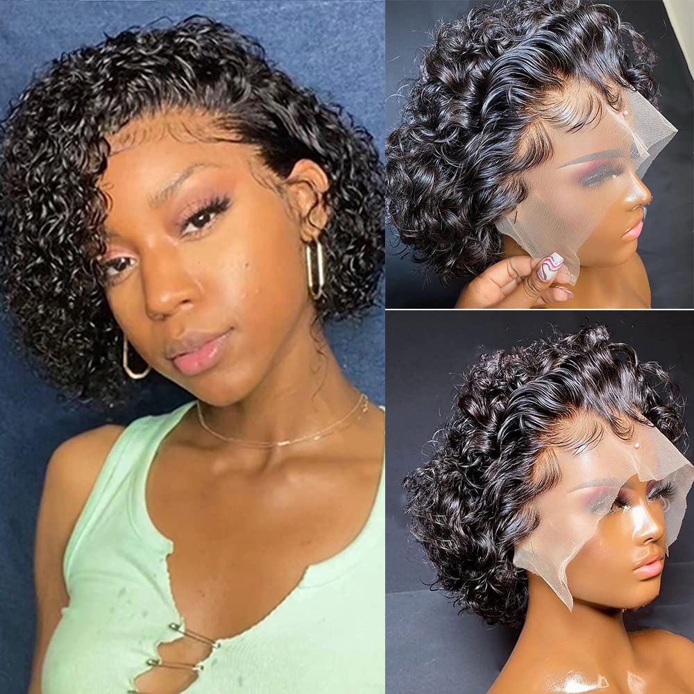 Short Pixie Cut Wig Human Hair, Curly 13x1 Lace Front Wigs for Black Women Deep Wave Short Bob Wigs Human Hair Glueless Pre Plucked with Baby Hair 8Inch 150% Density Natural Black (#1B)