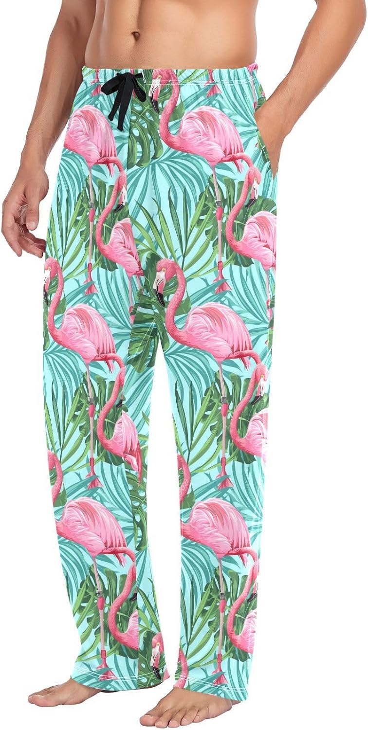 ALAZA Pink Flamingo Palm Leaves Men's Pajama Pants Men Cotton Pajama Bottoms with Pockets, S