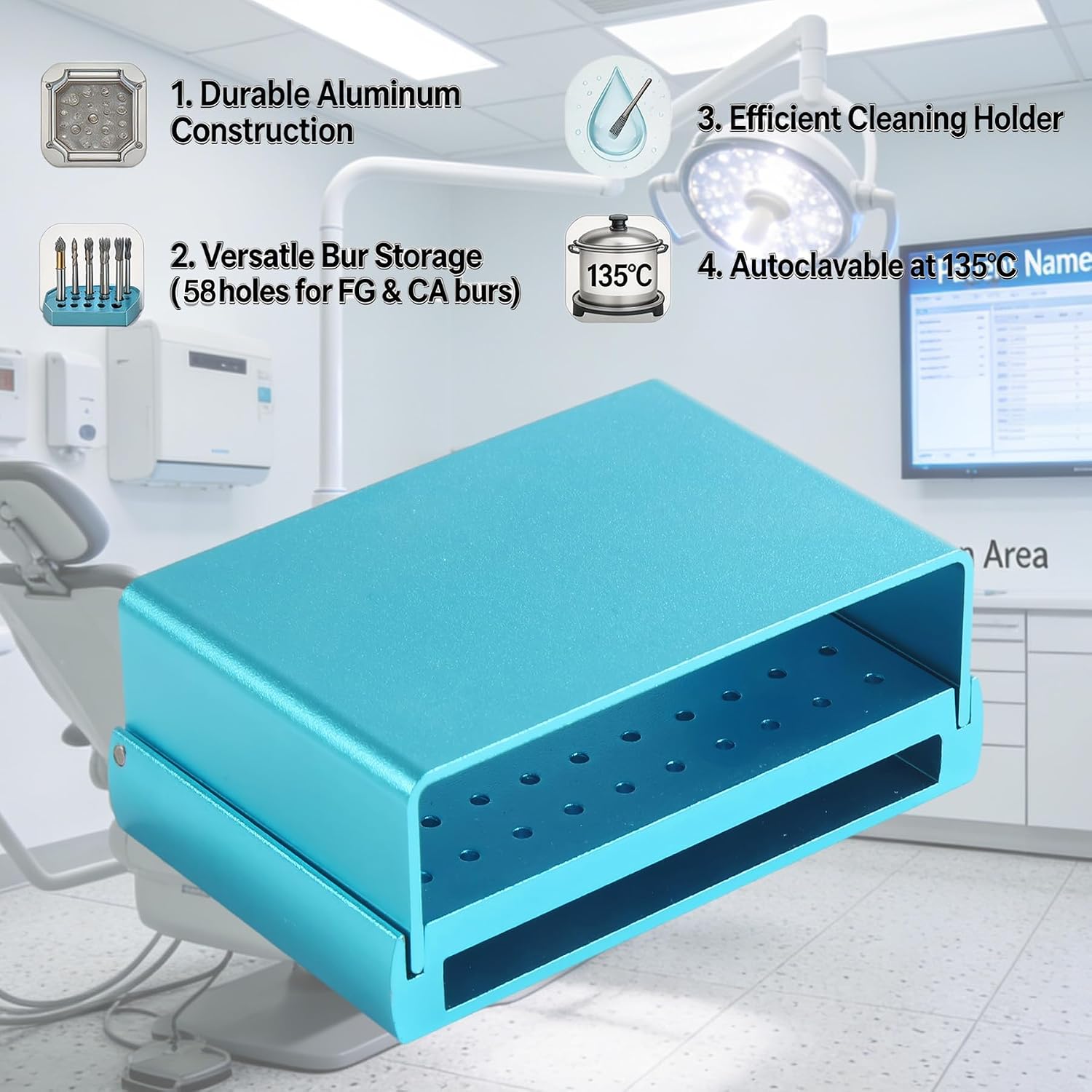 Dental Autoclavable 58 Holes Bur Organizer Aluminum Sterilization Storage Box for Dental Burs (Blue)