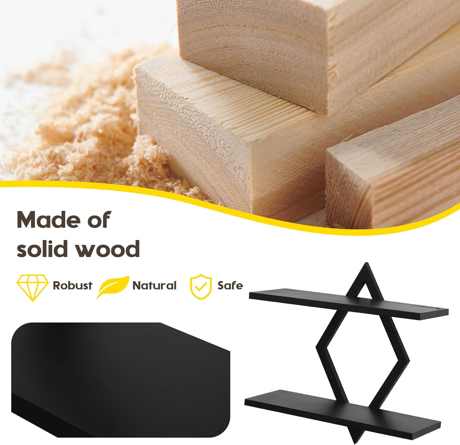 Floating Shelves for Wall,Decorative Wall Shelf,2 Tier Hanging Shelf for Plants Storage Display Holder,Indoor Decor for Living Room Home Office Bathroom Bedroom,Solid Wood,Diamond Shaped,2 Pack,Black