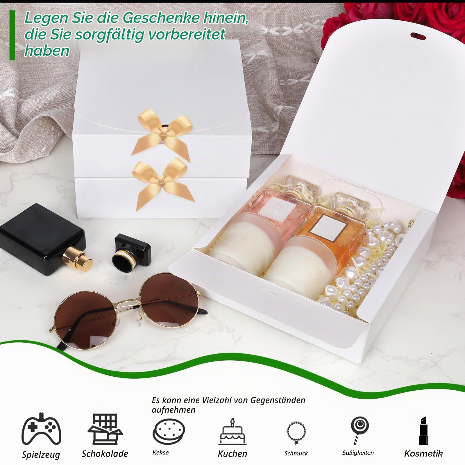 GXFCING 15 Stück Weiße Geschenkboxen, Geschenkbox mit Deckel, 16 x 16 x 5cm Geschenkkarton mit Gold Satinband für Hochzeit Geburtstag Weihnachten Party Geschenke Verpackung