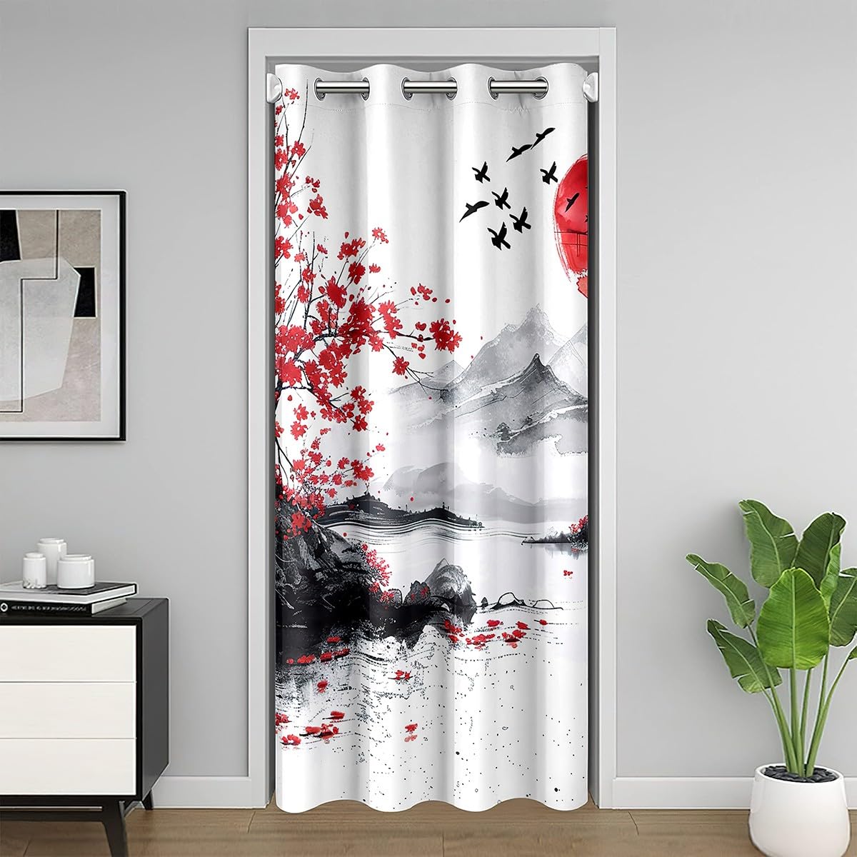 Loussiesd Japanisch Türvorhang 132x203cmfür Kinder Jungen Mädchen Japan Kirschblüte Vorhang für Innentür Raumteiler Tinte Malerei Kunst Vorhang Zimmer Dekorationen Zimmer Divider