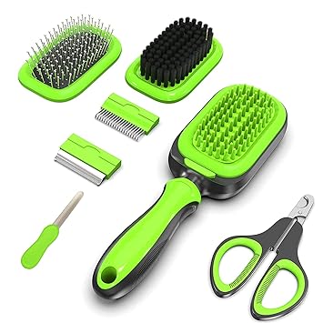 ZolooPet Dog and Cat Brush Pet Grooming Kit 7 in 1 Pet Dematting Deshedding Comb Double Sided Massage pin Brush with Pet Clipper and Diamond Nail File for Pet with Thick, Short, Medium, Long, Curly, and Wiry Hair