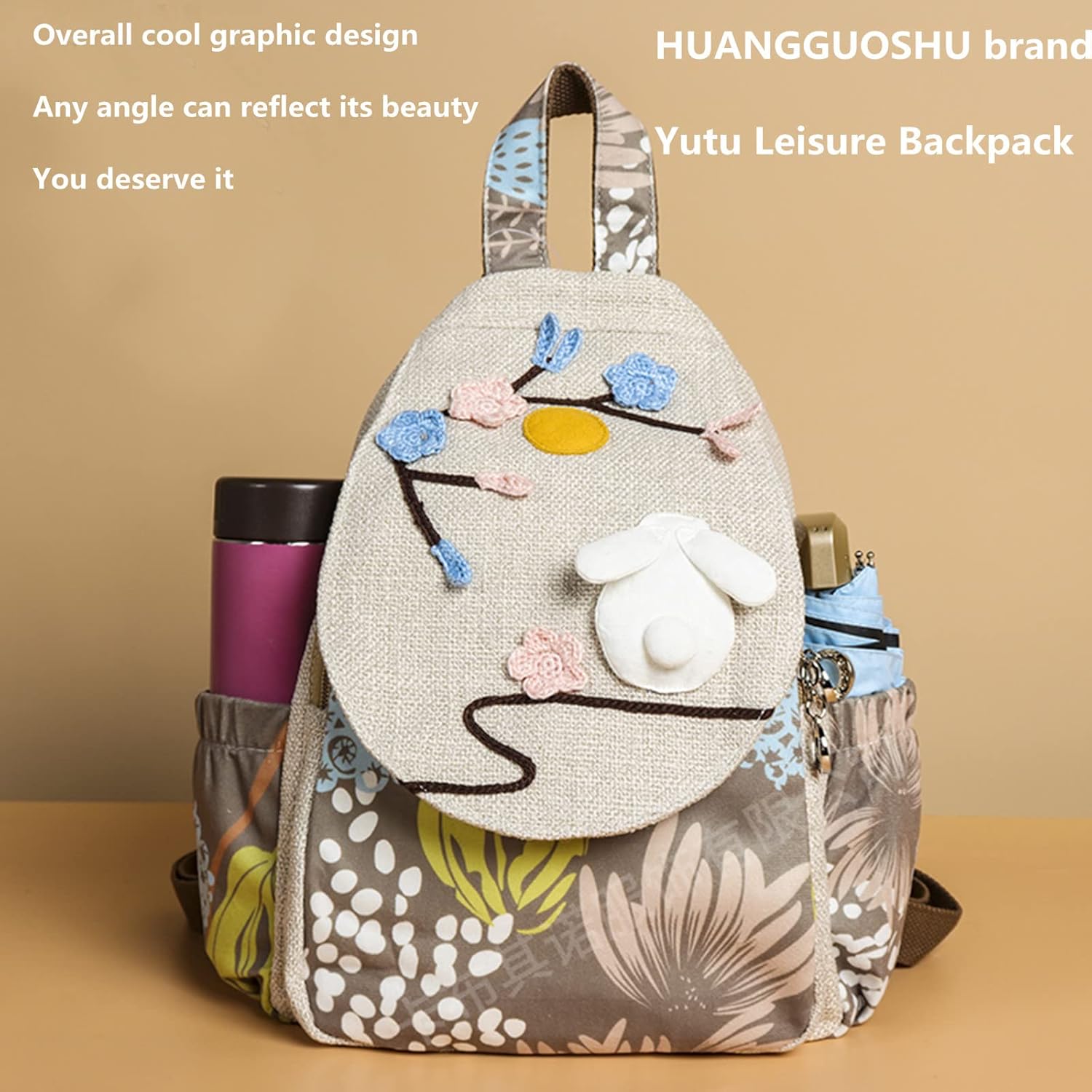 HUANGGUOSHU Women Cotton Woven Bohemian Hemp Boho Canvas Embroidery Multi Pocket Retro Cute Backpack Wallet Backpack White rabbit