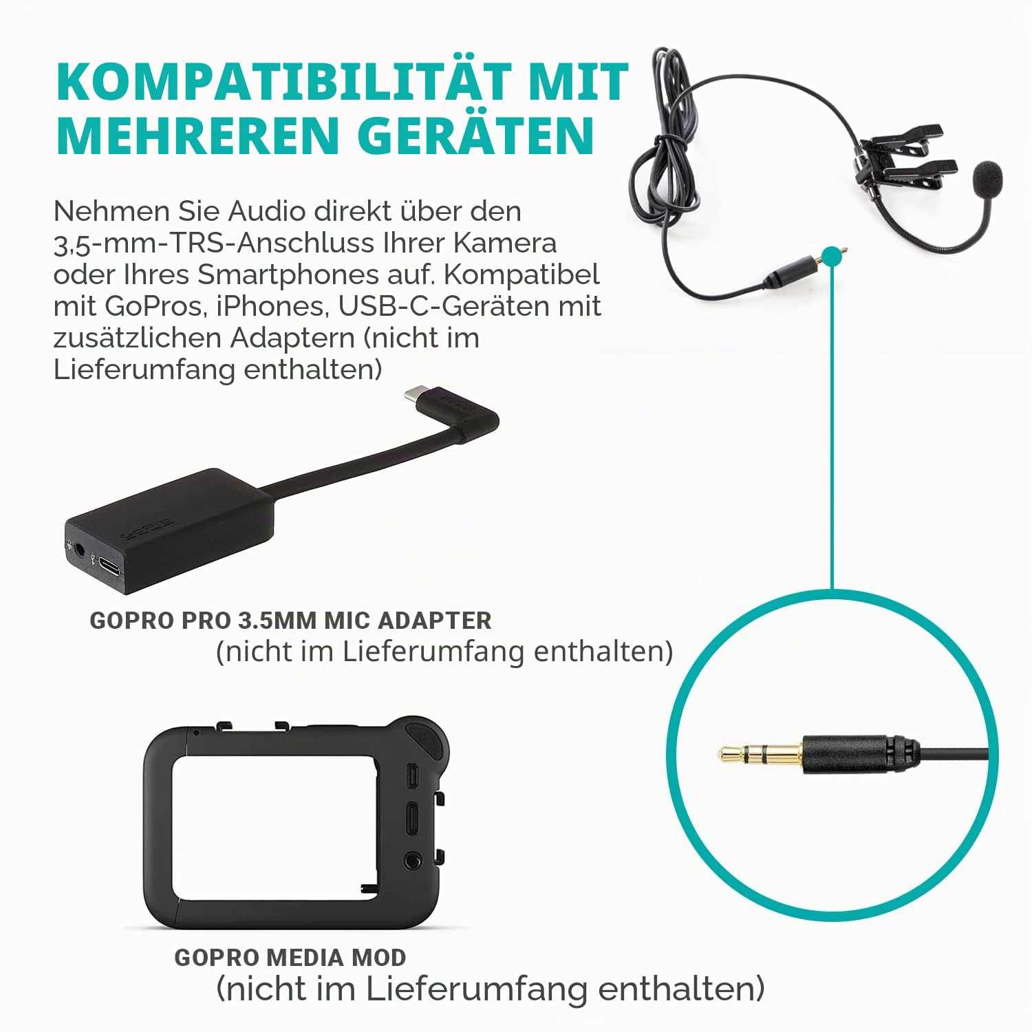 Movo ACM400 Flexibles omnidirektionales Schwanenhalsmikrofon für Motovlogging Moto Vlog Action Cam Helmmikrofon – kompatibel mit GoPro Media Mod
