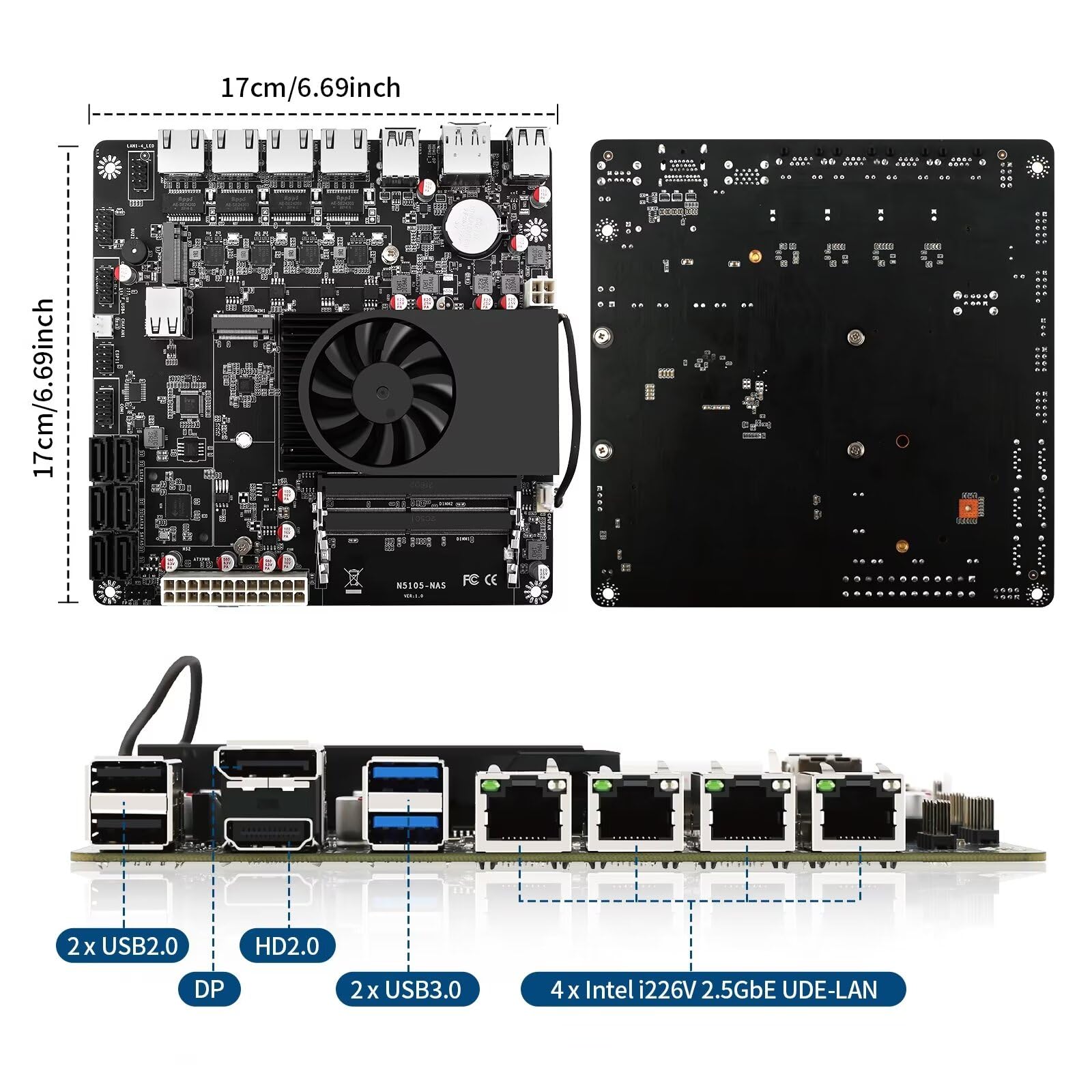 NAS Motherboard, 6 Bay, Pentium Silver N6005 4 Cores 4 Threads TDP10W, Mini Itx, 4× I226V 2.5GbE-UDE LAN, 6 × sata3.0, DP + HD(4K@60Hz) Dual Display, Barebone NO RAM NO SSD
