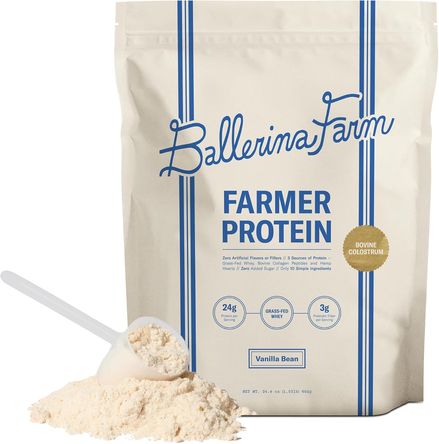 Ballerina Farm Grass Fed Whey Protein Powder, Vanilla Bean, 24g Protein with Collagen Peptides, Bovine Colostrum, Hemp Hearts & Prebiotic Fiber, No Added Sugar or Artificial Ingredients, 20 Servings