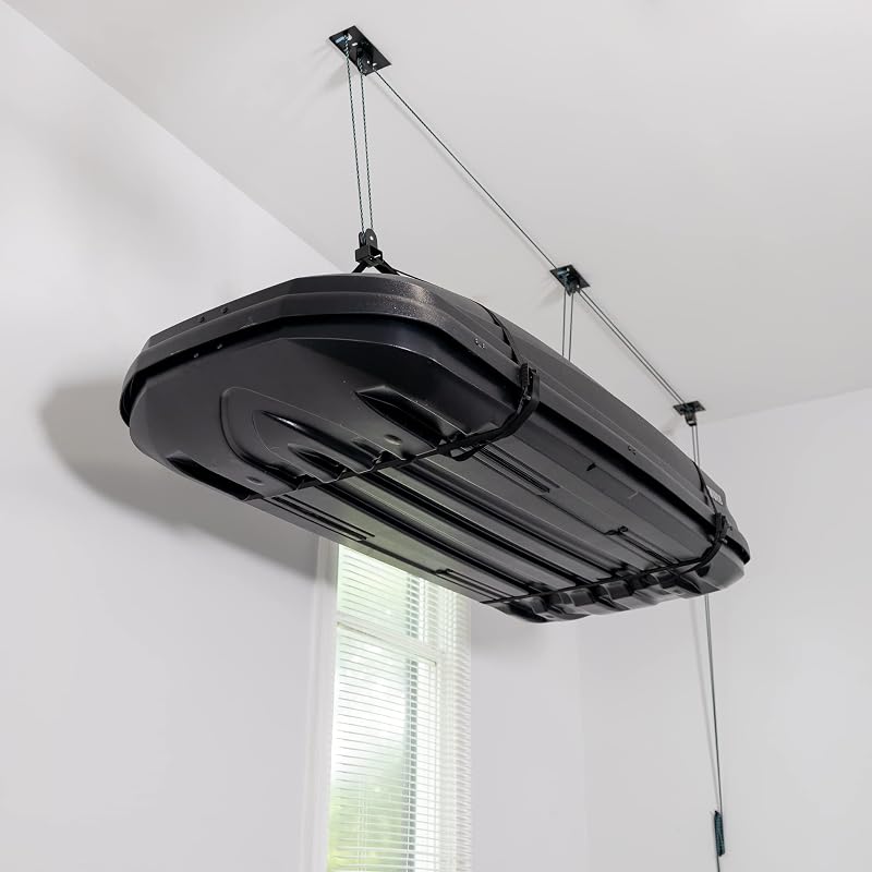 Cargo Box Hoist, Garage Pulley Lift System, Holds 150 lb | Cargo Box Storage, Cargo Box Ceiling Hoist, Garage Ceiling Hoist, Holds 150 lb, Fits All Garage Heights