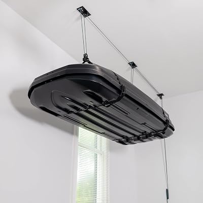 Teal Triangle Ceiling Storage Hoist for Cargo Box - Heavy Duty Garage Storage Lift - Garage Pulley Lift System Holds 150 lbs and Fits 8-10 ft Tall Garage Ceilings