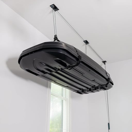 Teal Triangle Ceiling Storage Hoist for Cargo Box - Heavy Duty Garage Storage Lift - Garage Pulley Lift System Holds 150 lbs and Fits 8-10 ft Tall Garage Ceilings