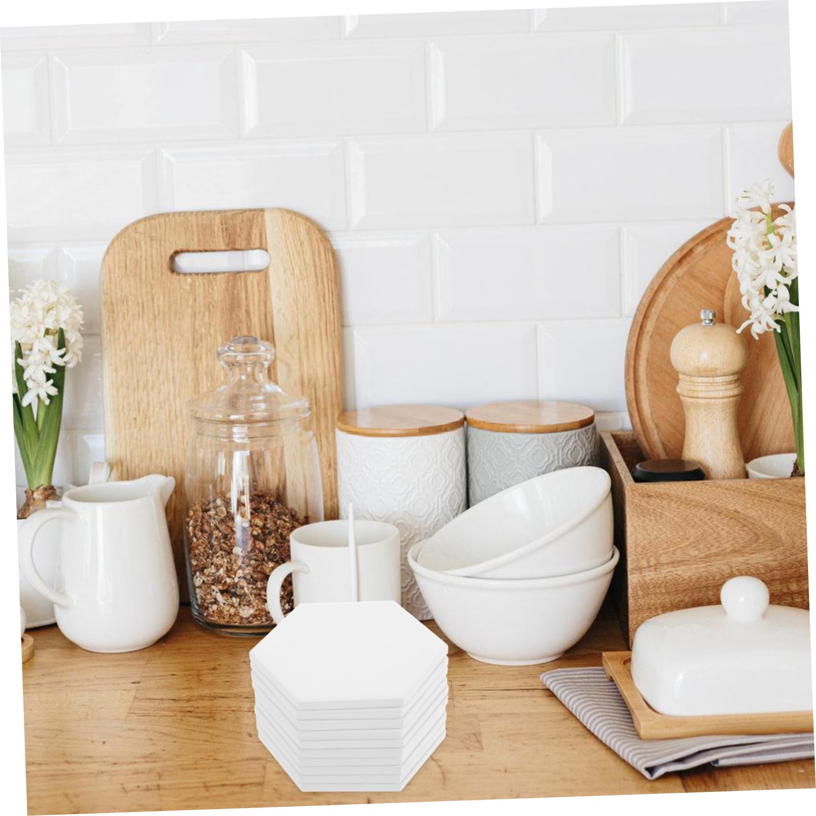 Posavasos de Cerámica para Sublimación Juego de 10 Hexagonales Blancos Mate | Antideslizantes y Resistentes al Calor, Absorbentes para Cocina y Comedor, Formato 10 Piezas, Estilo Rústico