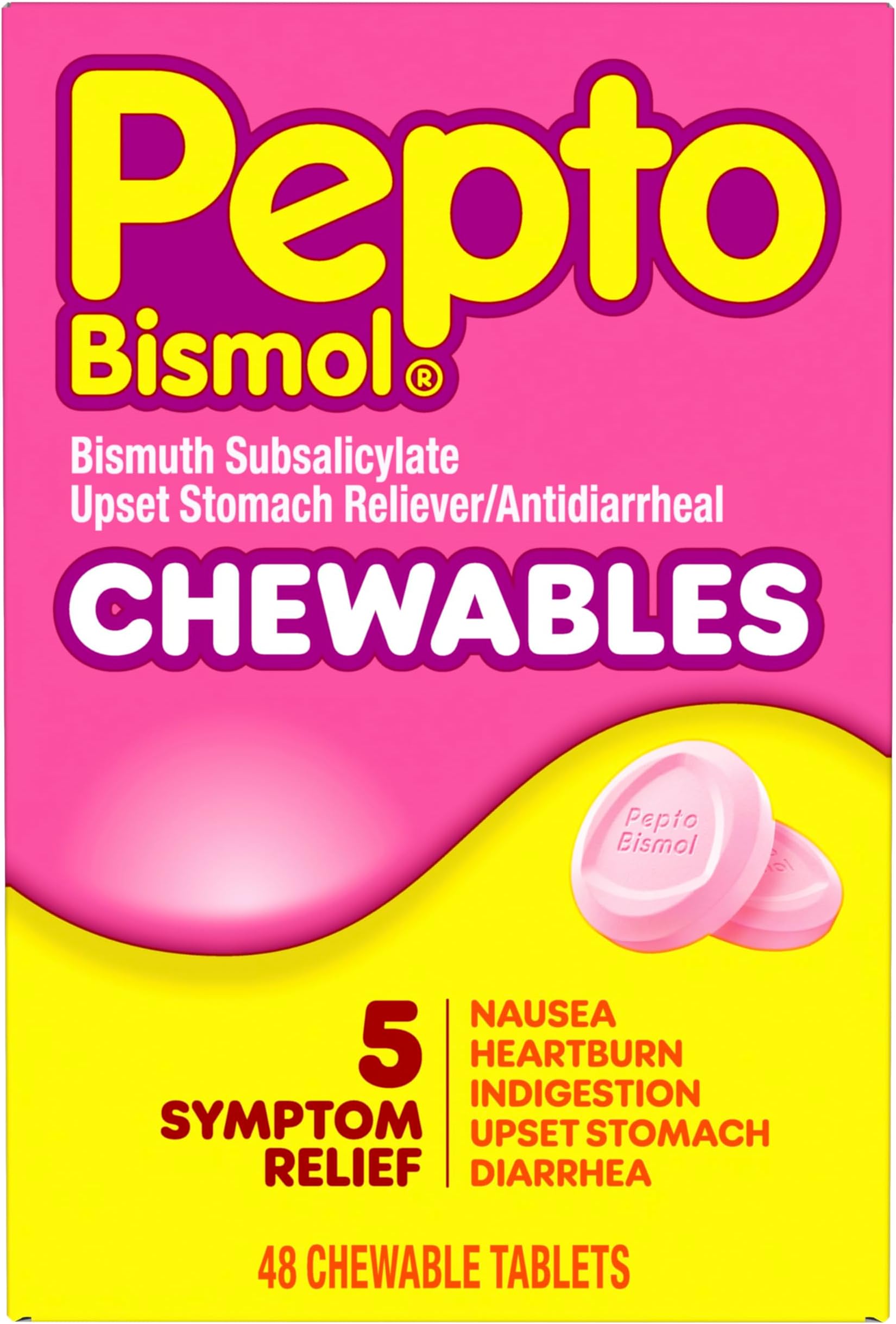 Chewable Tablets, Upset Stomach Relief, Nausea Relief, Heartburn Relief, Indigestion Relief, Anti Diarrhea Medication for Adults - 5 Symptom Relief, 48 ct