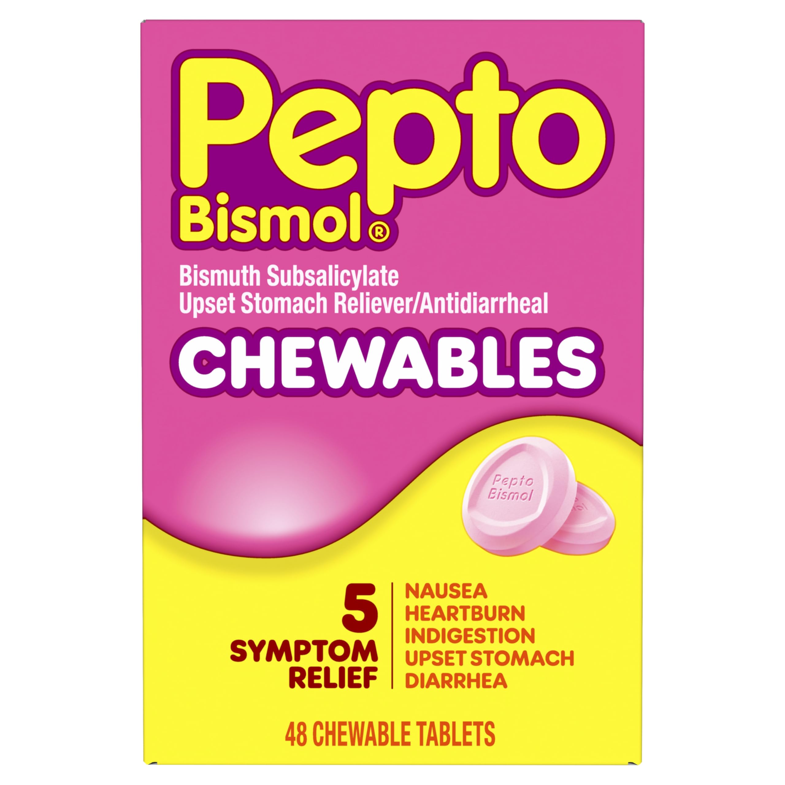 Pepto Bismol Chewable Tablets, Upset Stomach Relief, Nausea Relief, Heartburn Relief, Indigestion Relief, Anti Diarrhea Medication for Adults - 5 Symptom Relief, 48 ct 48 Count