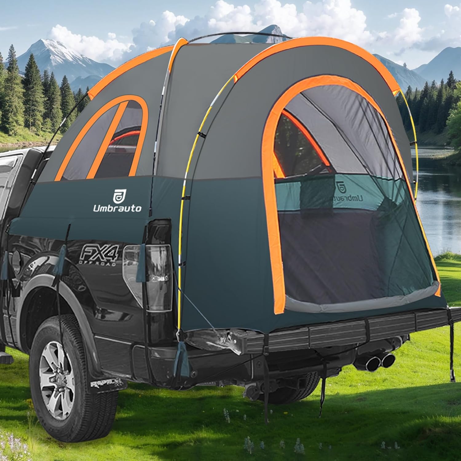 Truck Bed Tent 5.5-6ft: Easy Set Up Umburato Pickup Truck Tents for Camping, Waterproof PU3000mm Canopy for Truck Camper, Portable, Spacious for 2 Person Green Olive & Orange 5.5FT-6.0FT