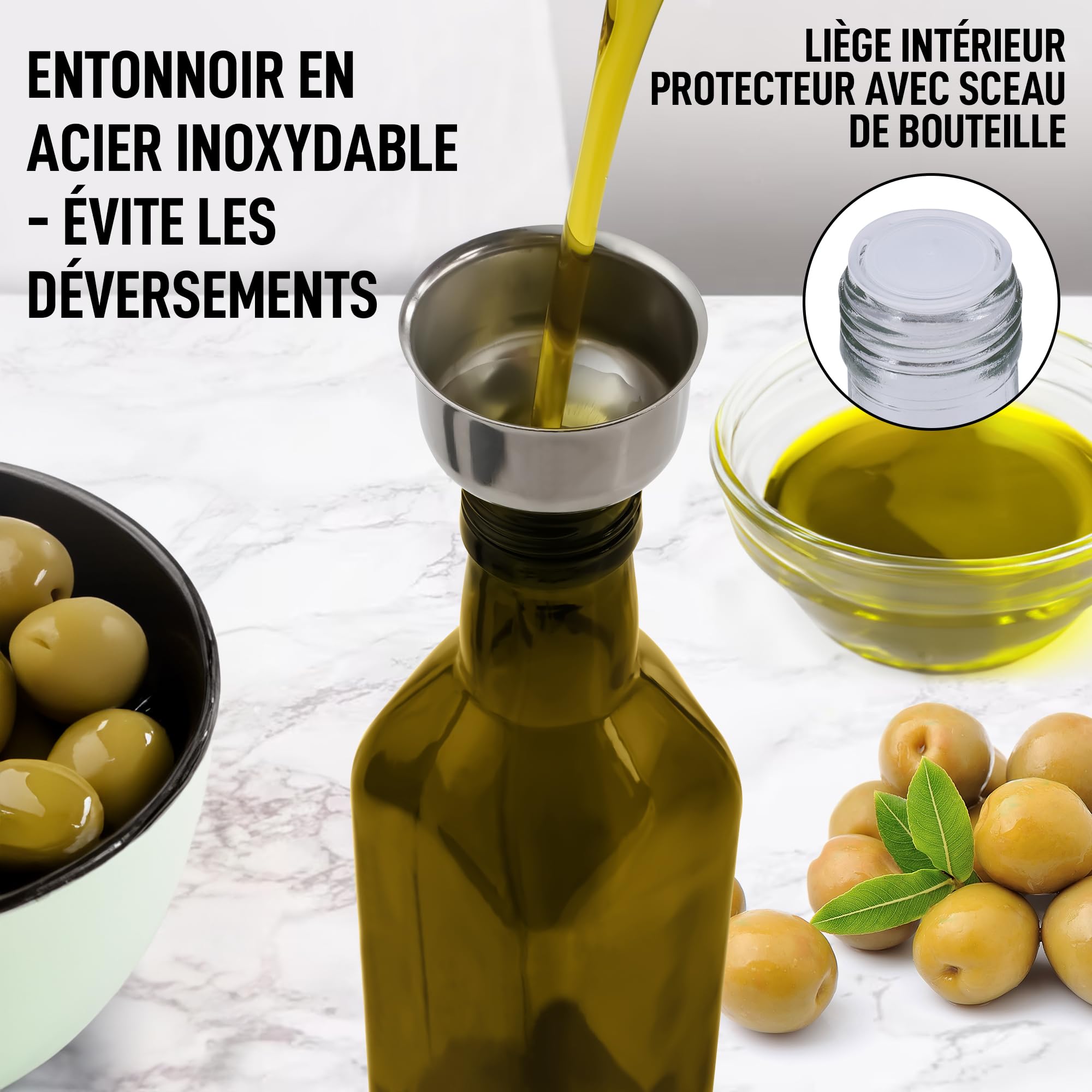 Zulay Kitchen Bouteille Distributrice d'Huile d'Olive bec Verseur - 500ml Bouteille en Verre d'Huile d'Olive Avec 2 Becs, Bouchons Amovibles, 2 Capsules & 1 Entonnoir - Recipient Pour la Cuisine