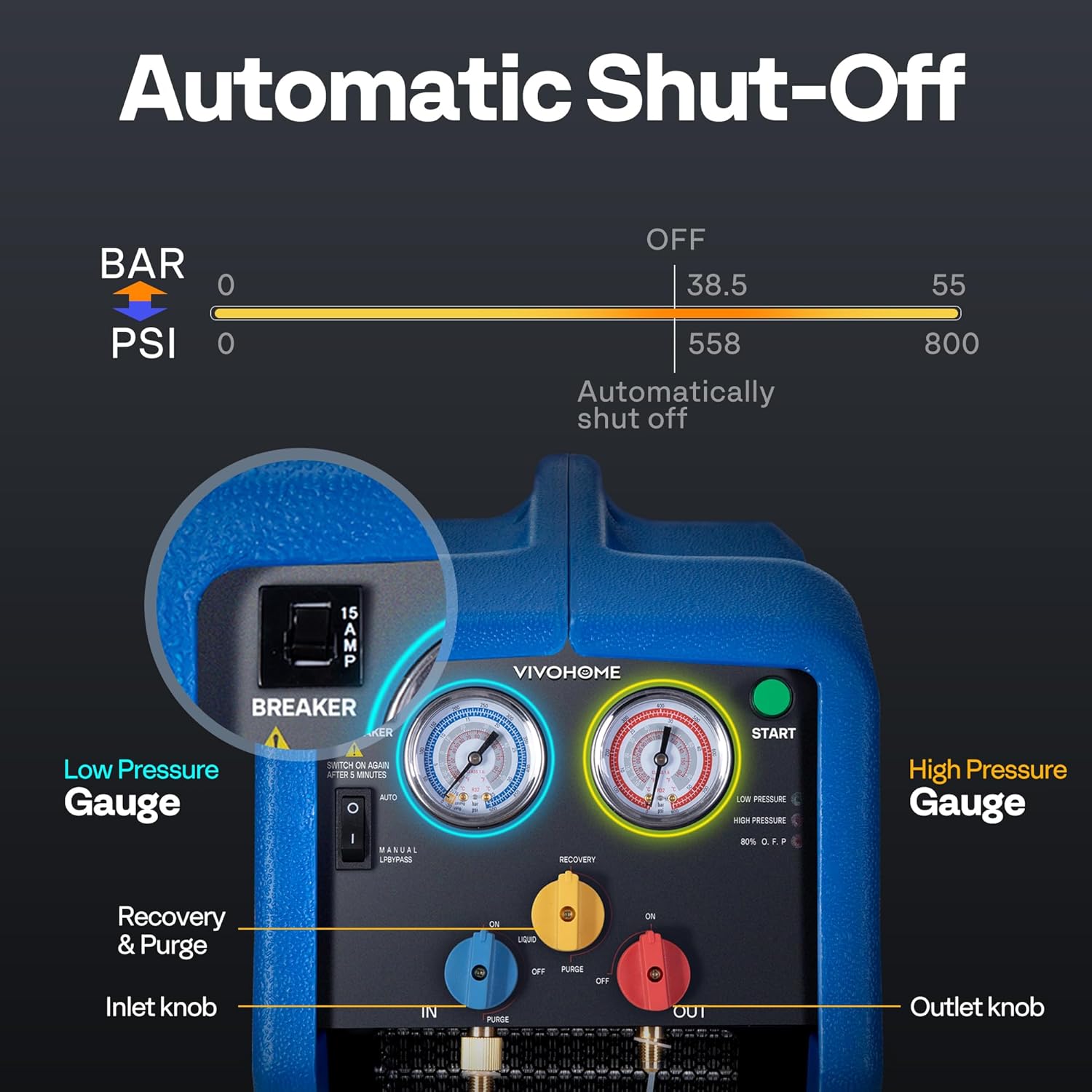VIVOHOME recovery machine automatic shut-off feature