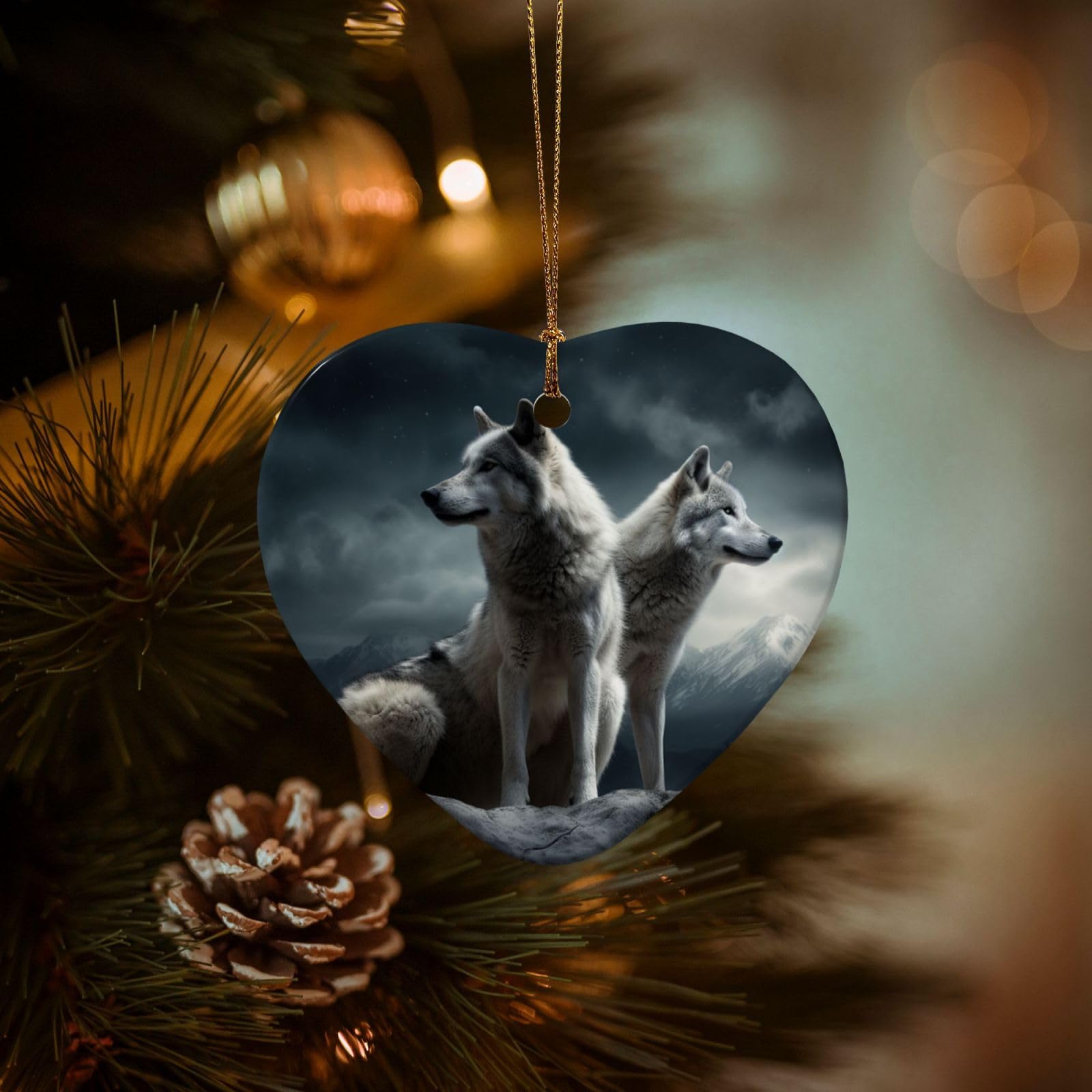 Christmas Ornaments for Christmas Tree Decoration Hanging Wolf at Night Ornament with Gold Ribbon Crafts Heart Shape Ceramic Pendant for Keepsake Gifts Xmas Decor Party Supplies