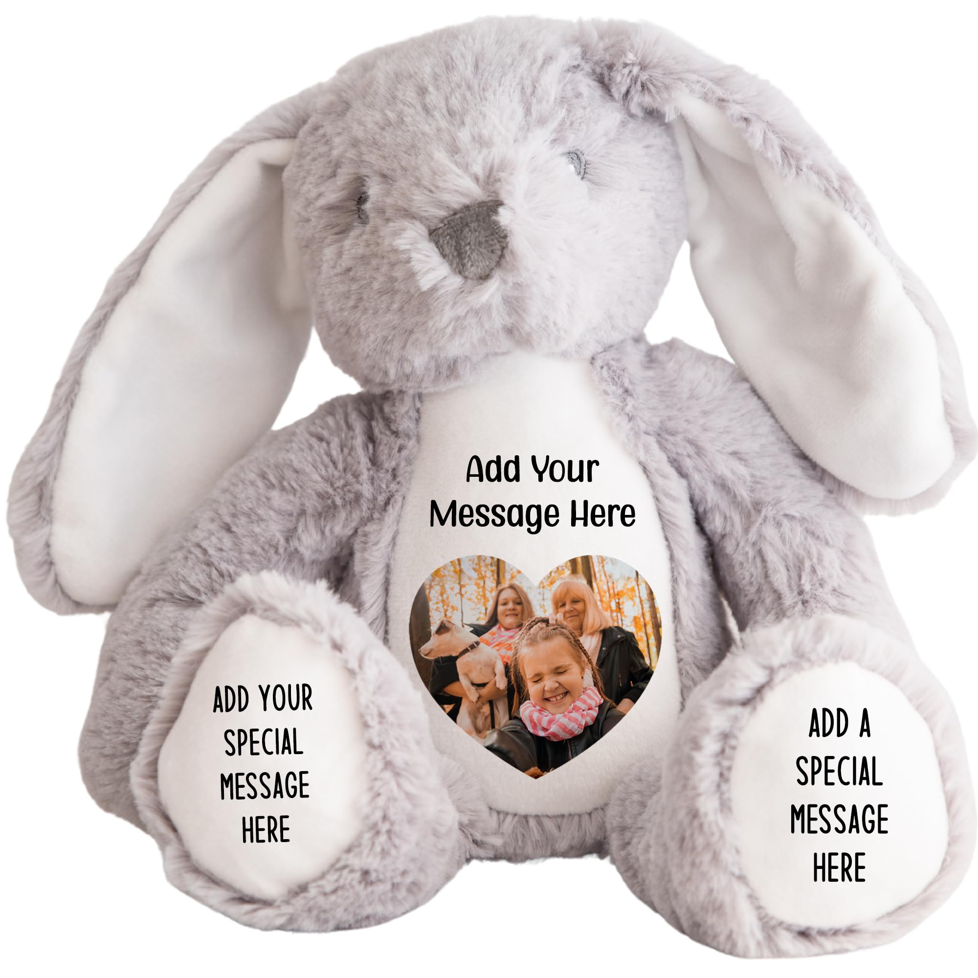 Personalised Photo Teddy Bear – Add Photo on Front & Text on Feet | 28 Styles | Custom Keepsake Gift for Baby, Sympathy, Birthday & More (Grey Bunny Teddy Bear)
