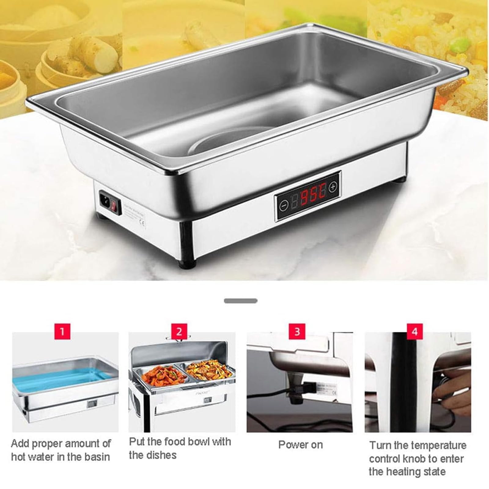 Square Stainless Steel Buffet Chafer with Warming Tray, 600W Commercial Food Warmers, Ideal for Parties, Buffets, Catering, Home Dinners, Football Game or Office Gathering,Silver-62x37x41cm