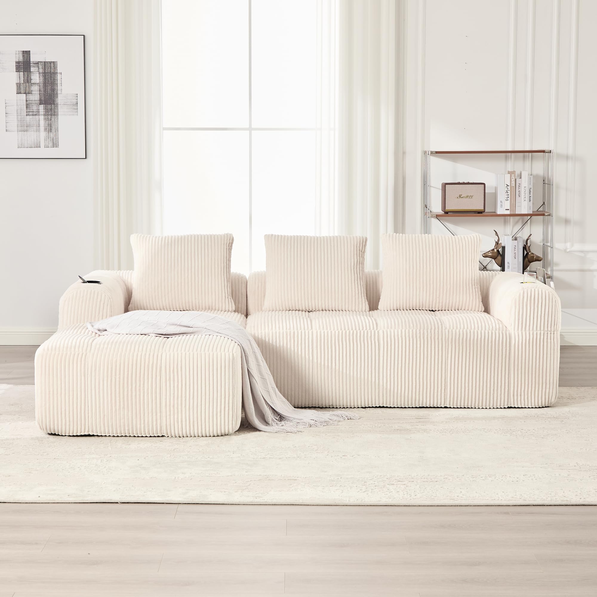 Canapé d'angle convertible, 253 cm, canapé compressé 3 places avec porte-gobelets et poches latérales, canapé modulable en velours côtelé avec méridienne en L pour salon - Aucun montage requis