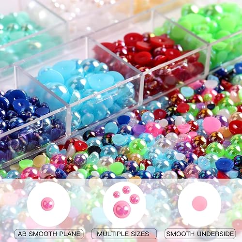 Vista 13 de Perlas para manualidades, 3600 unidades de diamantes de imitación de perlas de parte trasera plana mezcladas de 12 colores para uñas + medias perlas