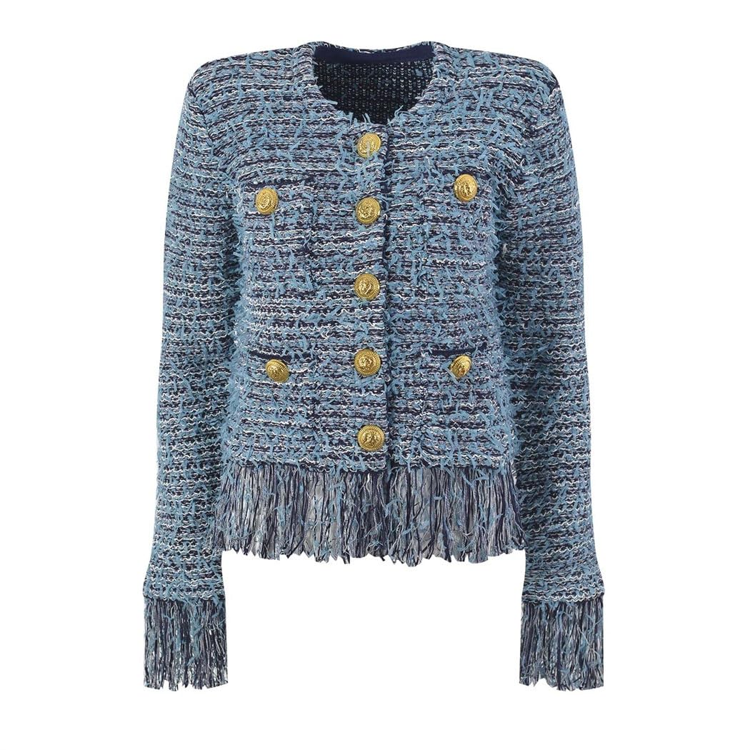 Women Handmade Tassel Tweed Cardigan Gold Button Round Neck Parisian Luxury Outerwear