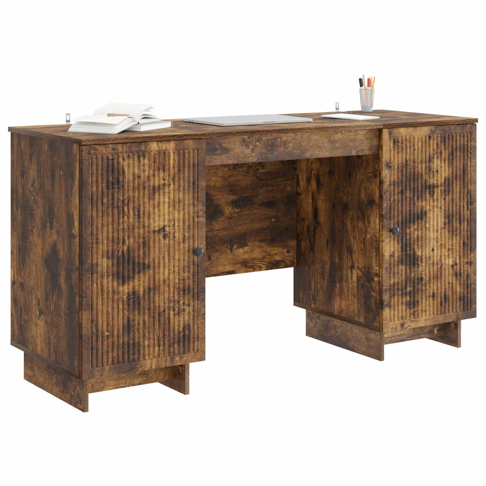 Schreibtisch Geräucherte Eiche aus Holzwerkstoff 142,5 x 50 x 75 cm für Laptop, PC Arbeit, Homeoffice, Gaming, Lernen, Büro und Wohnraum mit Stauraum und Ablage