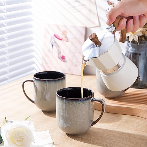 Vista 29 de LERATIO Juego de 6 tazas de café de cerámica de 12 onzas, tazas de café grandes de porcelana con mango grande para café con leche, capuchino, leche