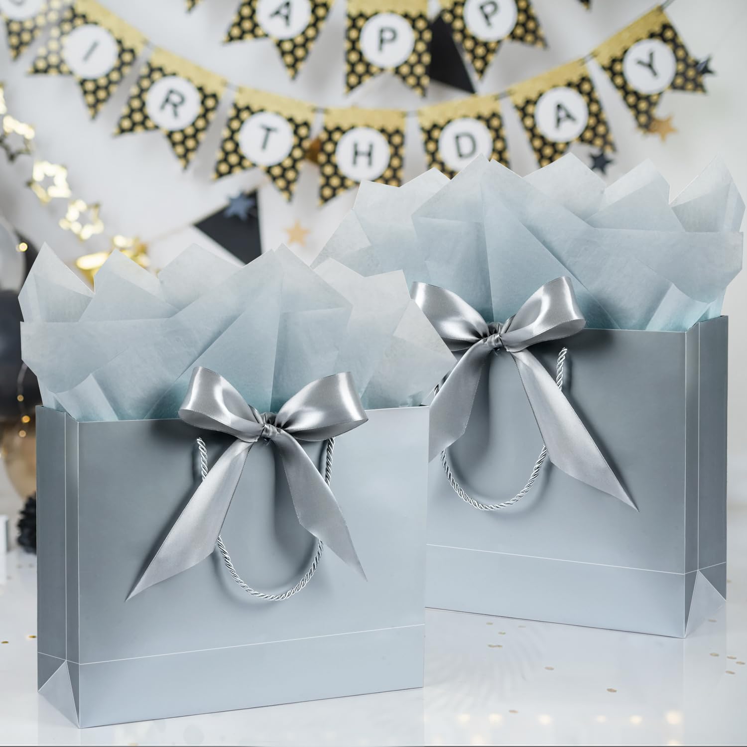 Large Gift Bags, 2PCS Gift Bags with Handle Tissue Paper Greeting Card, 13’’ Portable Birthday Gift Bag Set, Silver Present Bags for Birthday Party Favor Wedding Baby Shower Father’s Day, 13x10x4inch