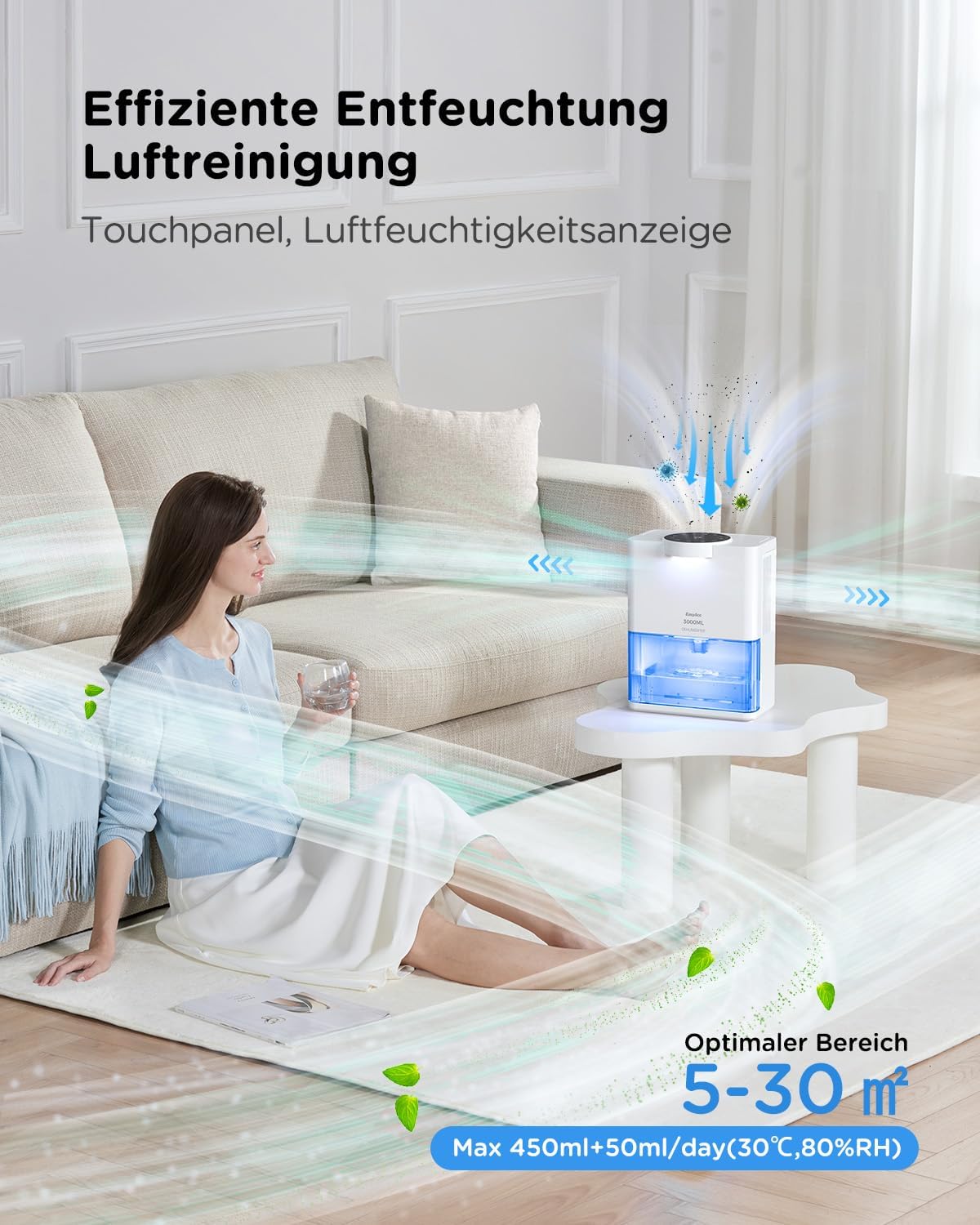 Dehumidifier showing efficient dehumidification and air purification for optimal area