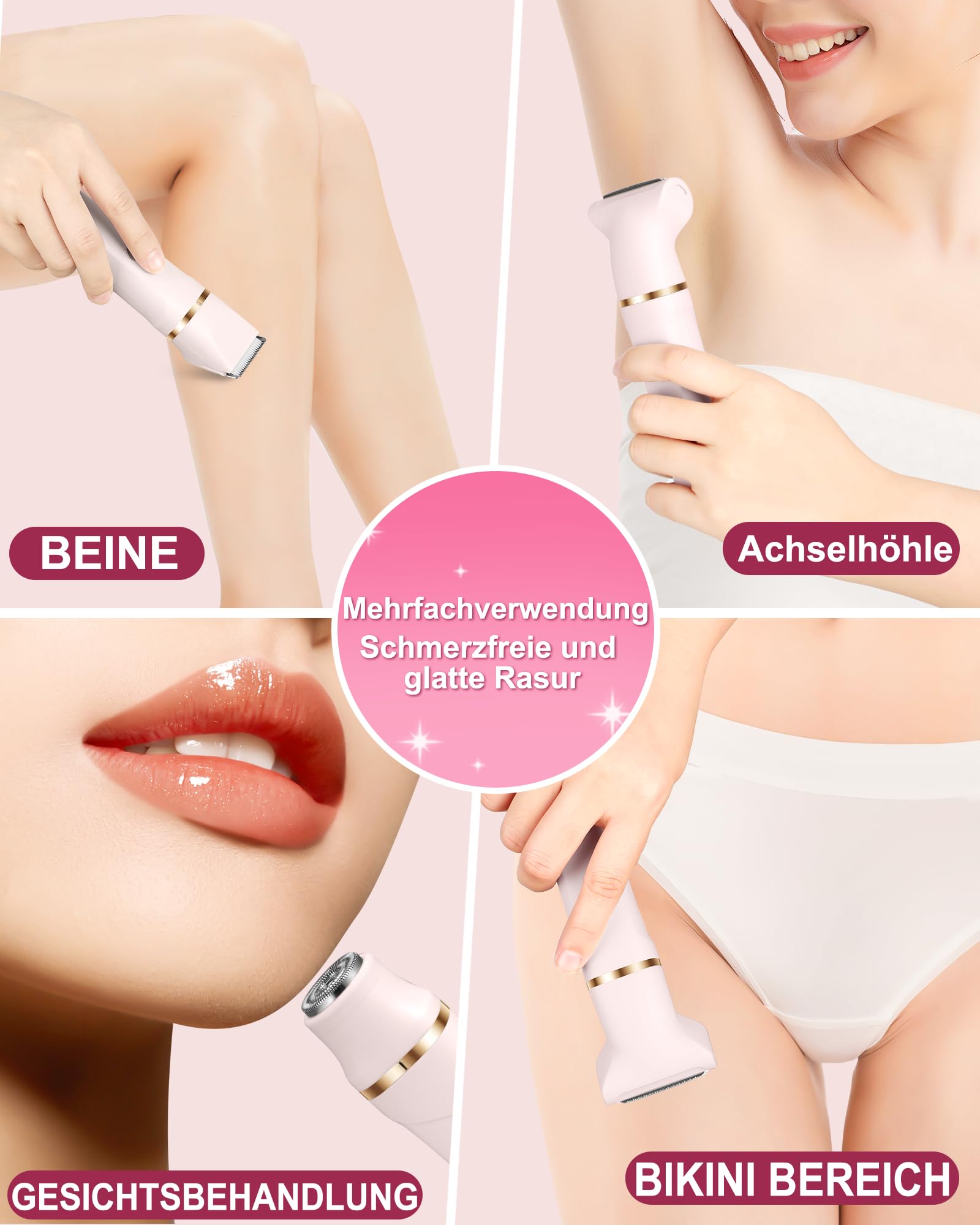 Rasierer Damen,3-In-1 Intimrasierer für Frauen,Gesichtshaarentferner für Frauen,Damenrasierer Elektrisch für Beine, Arme, Achseln und Bikinizone,Wiederaufladbarer Ipx7 Wasserdicht Trimmer Damen, Rosa