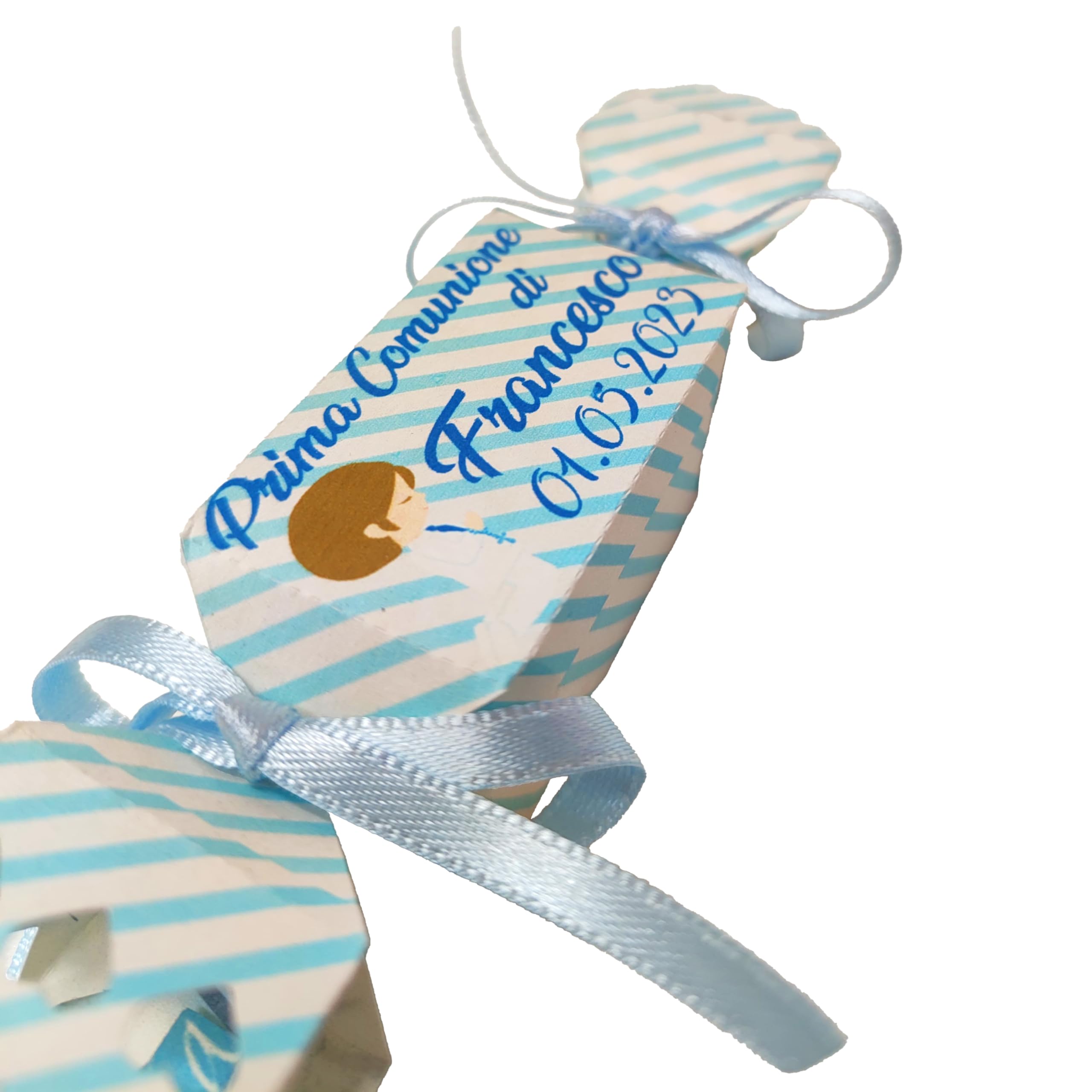 40 PEZZI Scatolina Sacchetto Bomboniera Segnaposto a forma di Caramella bianca e strisce azzurre PERSONALIZZABILE Nascita Battesimo Comunione Bimbo COMPLETO, contiene 5 confetti