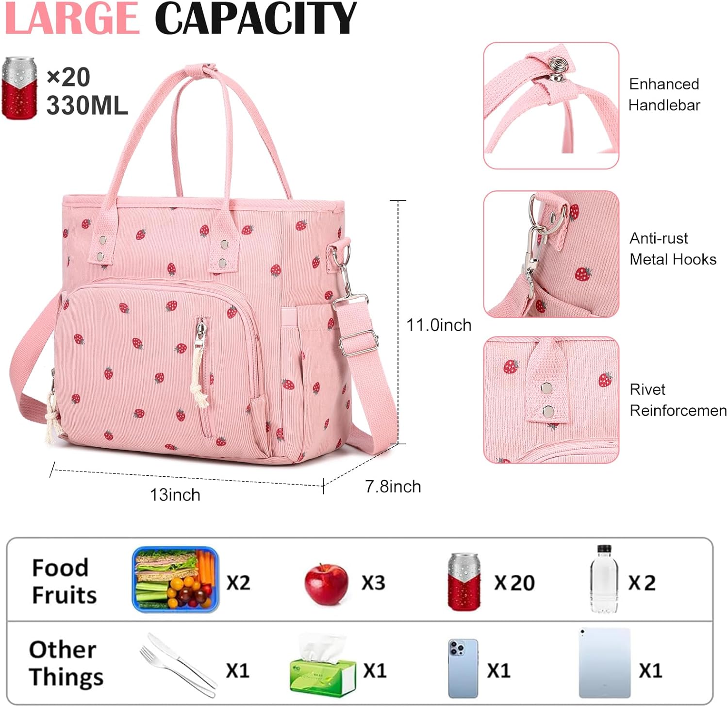 Lunch Bag for Women Men - Corduroy Lunch Tote Bag Reusable Insulated Lunch Box Adult Leakproof Portable Large Cooler Tote Bags for Work Picnic or Travel (Pink Strawberry)