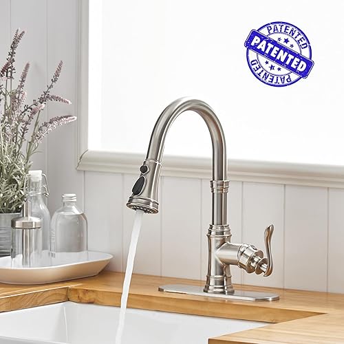 Miniatura 2 de BWE Grifo de cocina negro con rociador desplegable y mango único dorado, arco alto, 3 modos de pulverización, grifo de fregadero de cocina