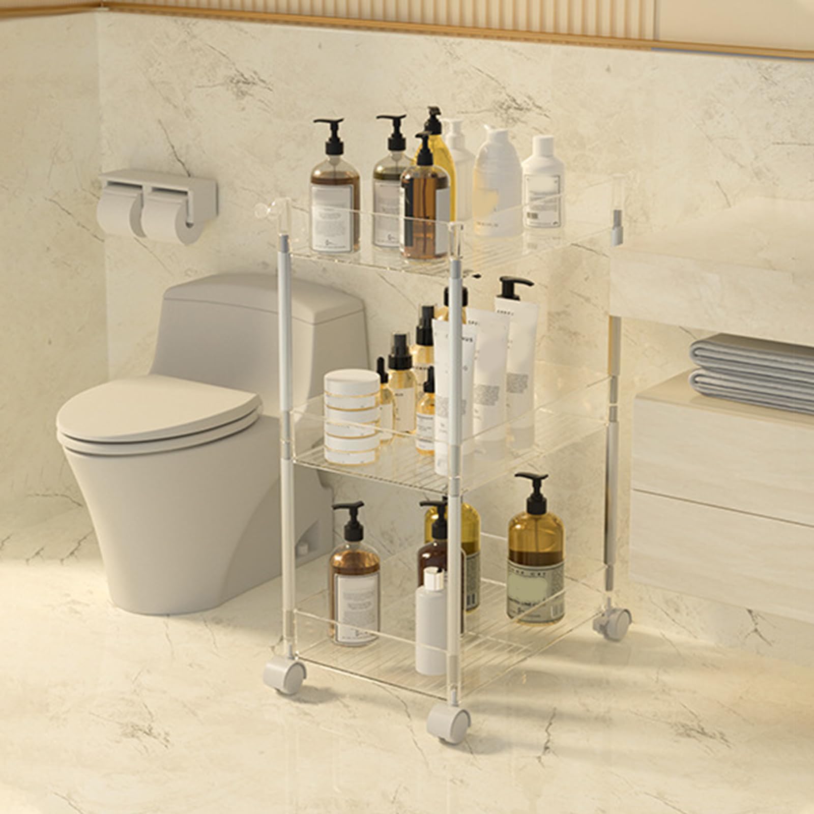 Carrito de almacenamiento de acrílico, carrito utilitario delgado con ruedas, diseño de 3 niveles para lavandería, baño y organización de cocina