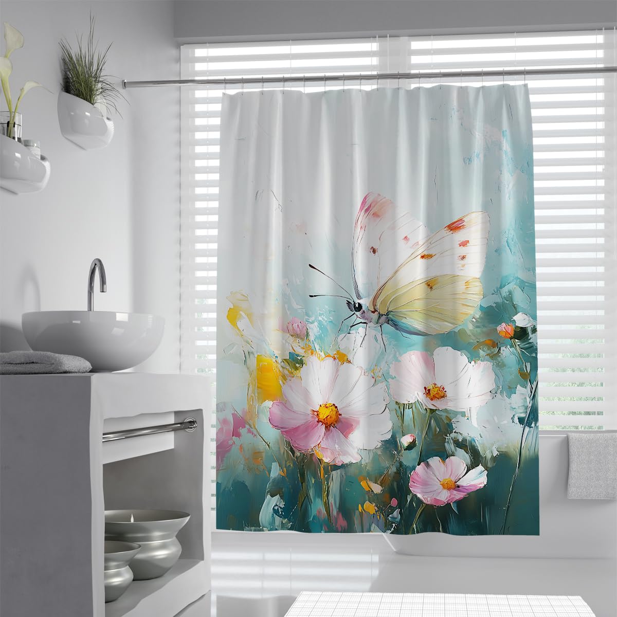 UERWOWELL Boho Romantic Shower Curtain Dreamy Summer Floral Butterfly Bathroom Curtain with C-Shaped Hooks Polyester Fabric Machine Washable W150xL180 cm