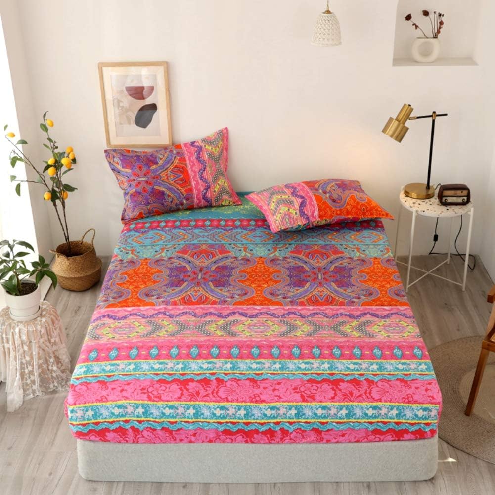 Boho Bed Sheet Set Twin Girls Bohemian Style Fitted Sheet for Kids Teens Women Bedroom Decor Bright Chic Mandala Butterfly Bedding Set Girly Soft Colorful Tribal Bed Cover (Flat Sheet Not In