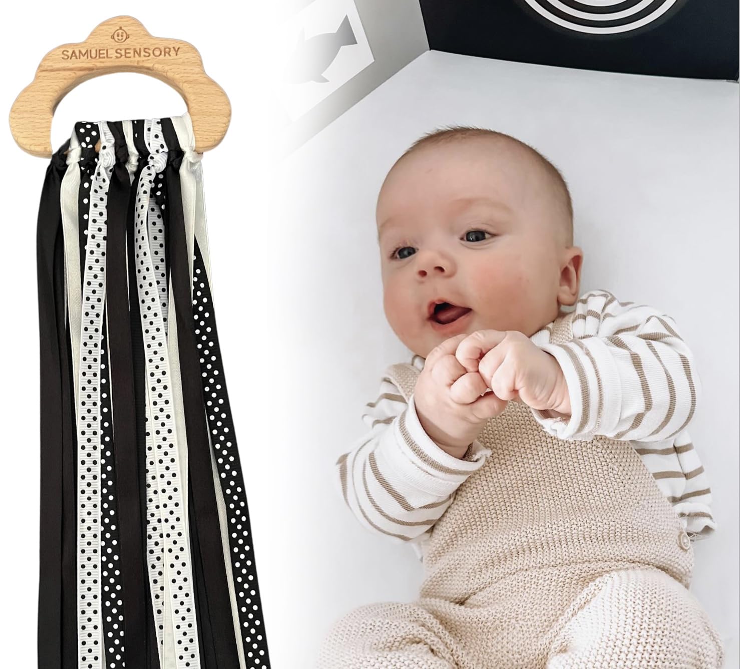 Samuel Sensory Toys Cloud Ribbon - Black and White Baby Toys 0-3 Months Made with Beech Wood & Soft Grosgrain and Satin Ribbon - Developmental High Contrast Baby Toys & Tummy Time Toys
