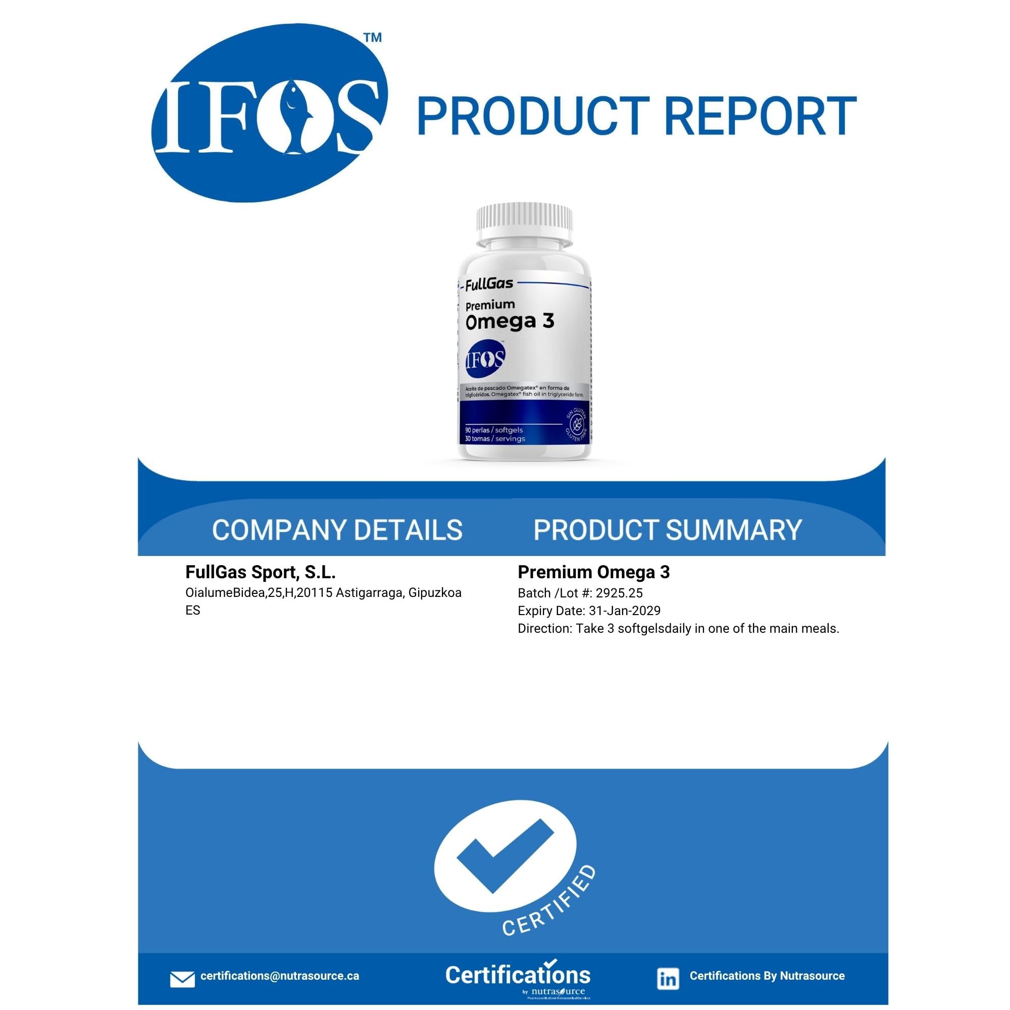 FullGas - Premium Omega 3 - Aceite de pescado omega-3 con sello IFOS (360mg EPA y 240mg DHA por perla) - 90 perlas
